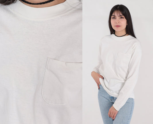90s Plain White Cotton Long Sleeve Pocket Tee Crewneck Medium M