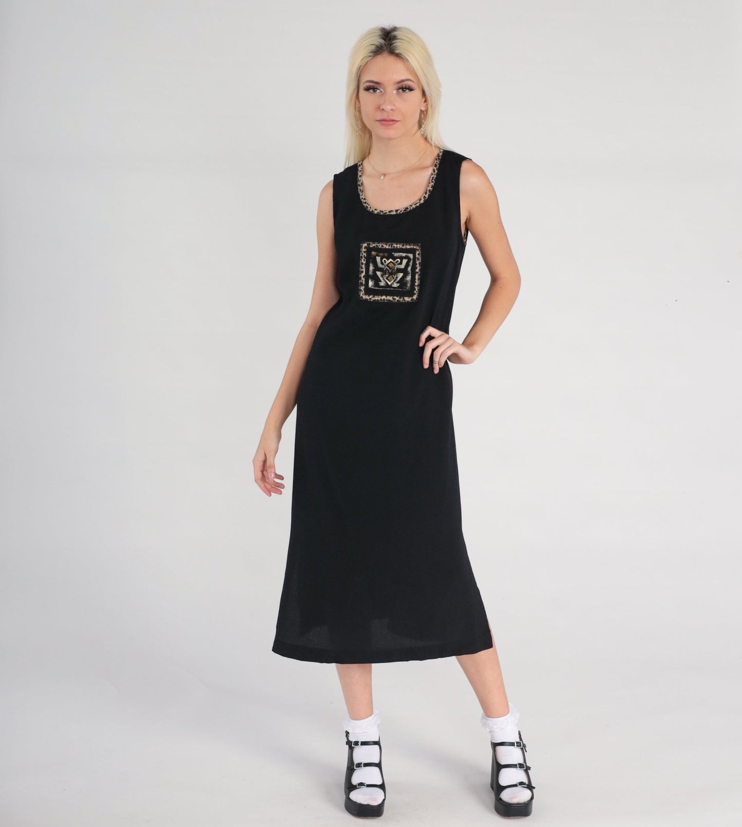 Y2K Black Frog Print Sleeveless Shift Dress Side Slit Medium 8