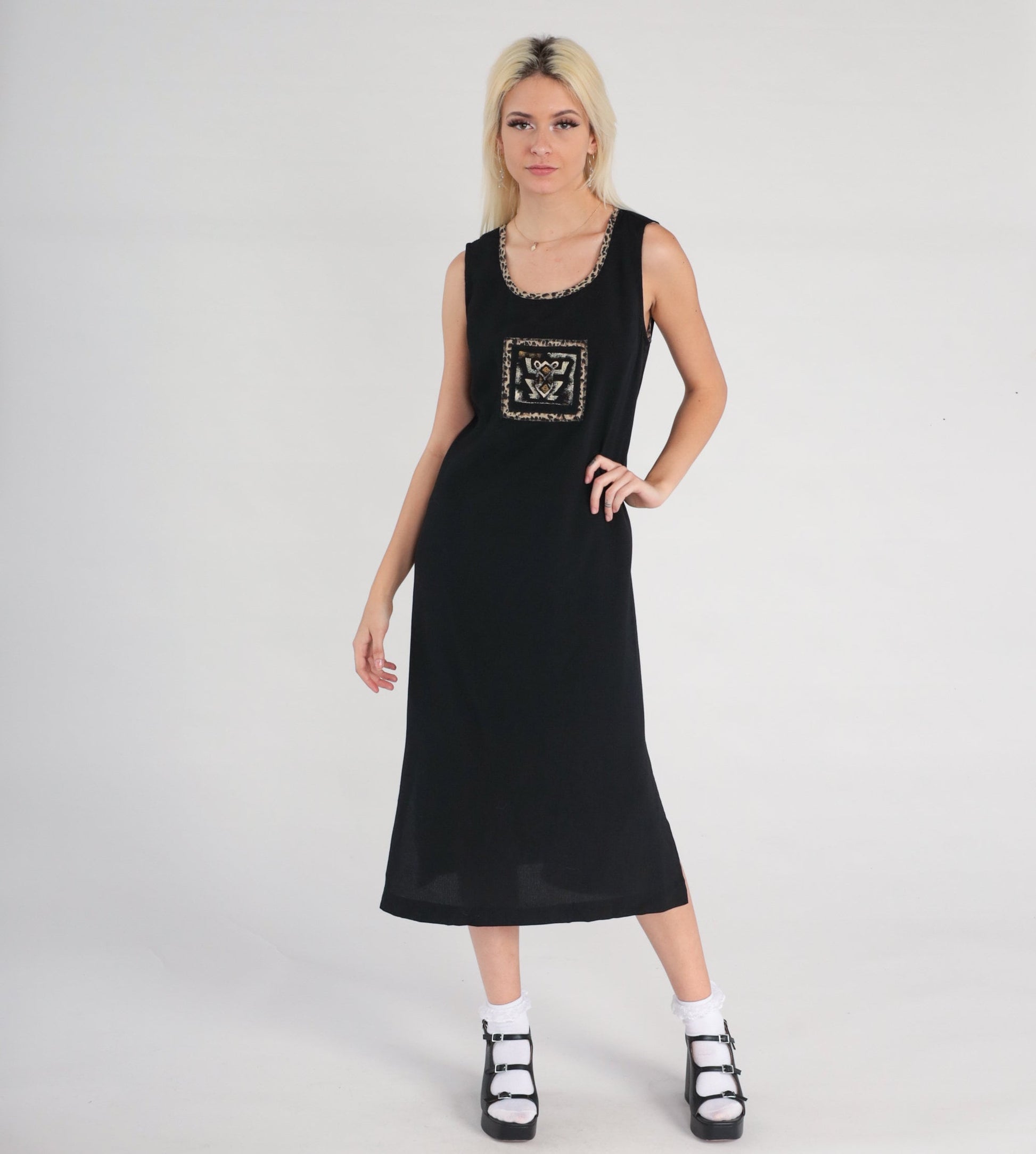 Y2K Black Frog Print Sleeveless Shift Dress Side Slit Medium 8