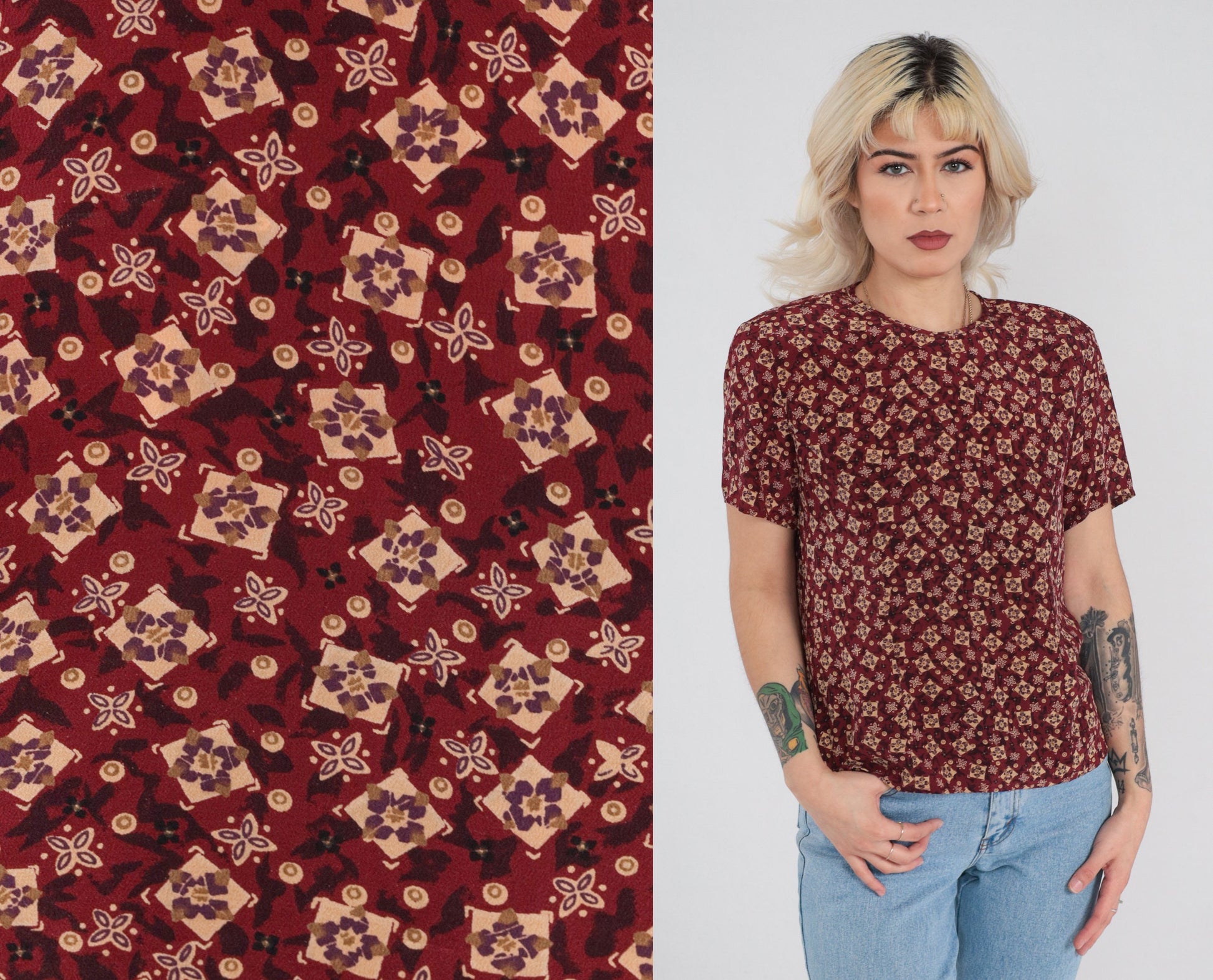 90s Silk Blouse Dark Red Tile Print Short Sleeve Keyhole Back Small