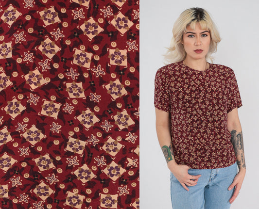 90s Silk Blouse Dark Red Tile Print Short Sleeve Keyhole Back Small