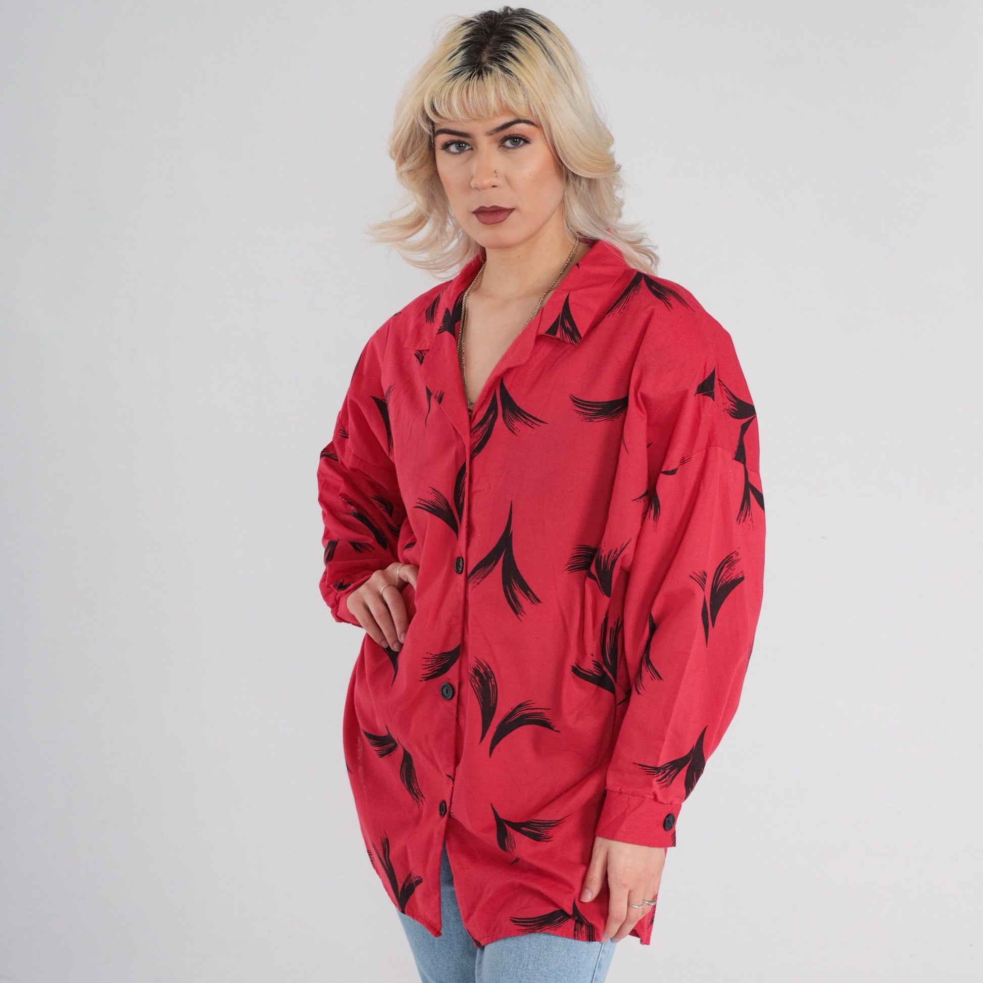 90s Red Button Up Blouse Black Abstract Feather Print Long Sleeve Extra Large