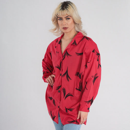 90s Red Button Up Blouse Black Abstract Feather Print Long Sleeve Extra Large