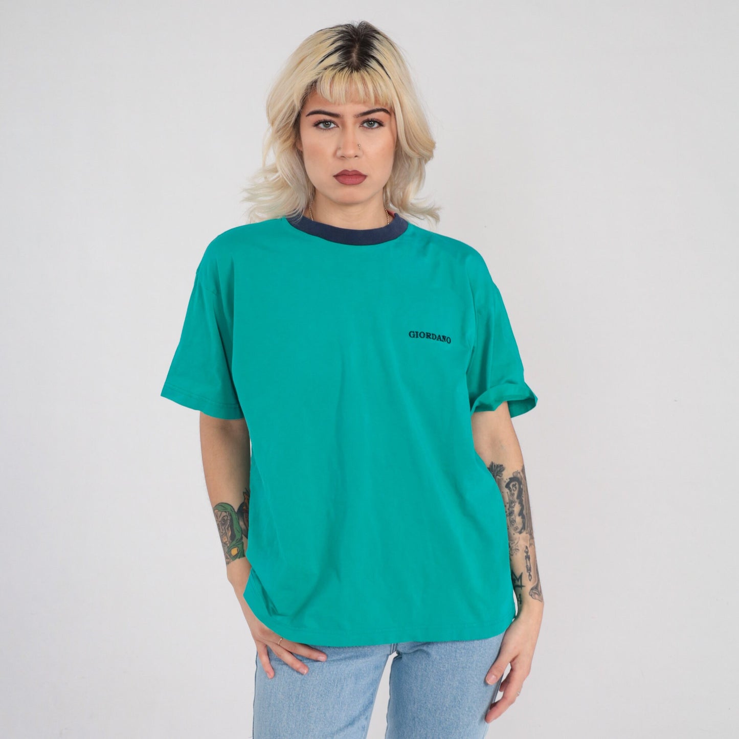 90s Giordano Embroidered Logo T-Shirt Green Navy Ringer Crewneck Medium M