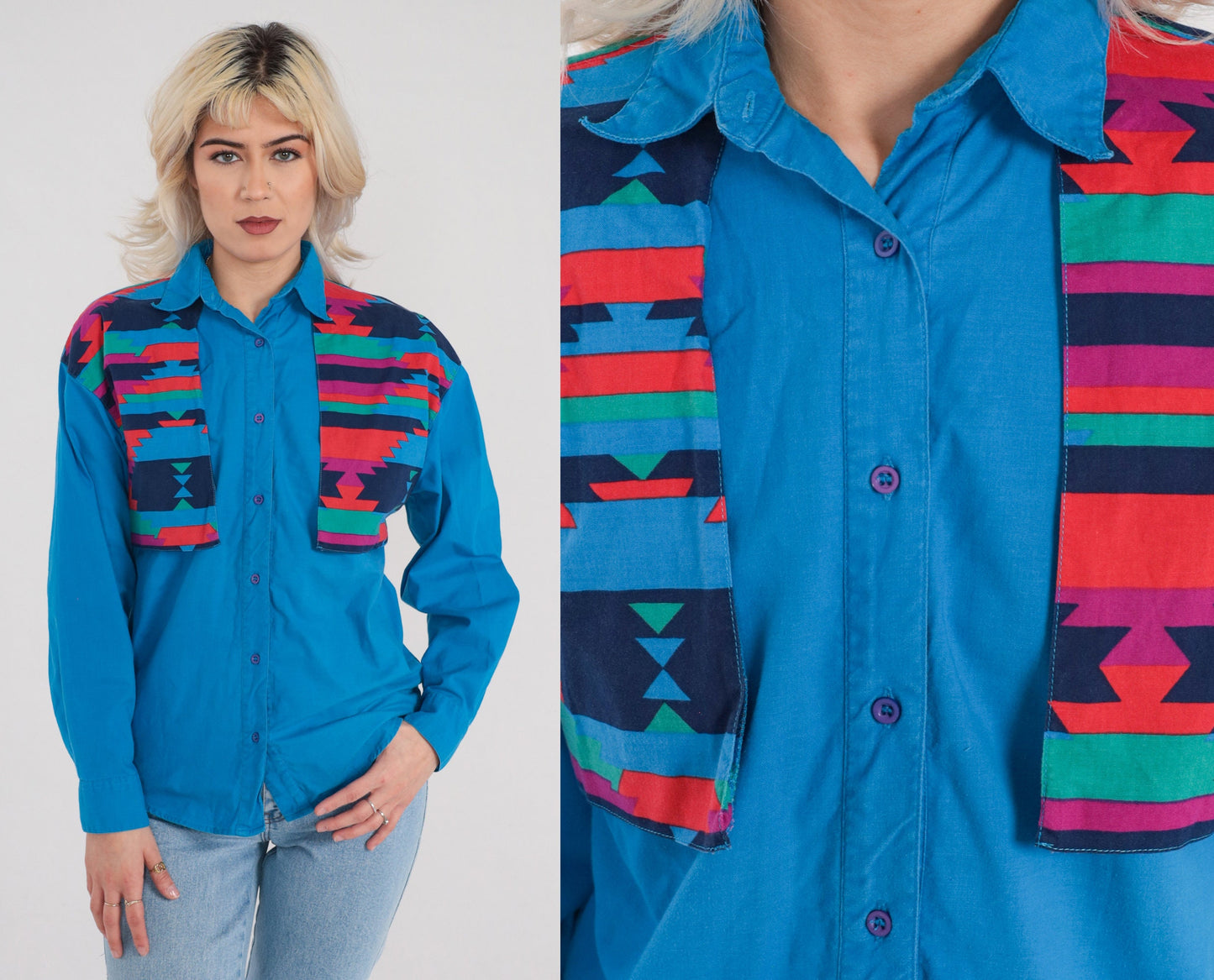 00s Wrangler Blue Southwestern Geometric Yoke Button-Up Shirt Medium M