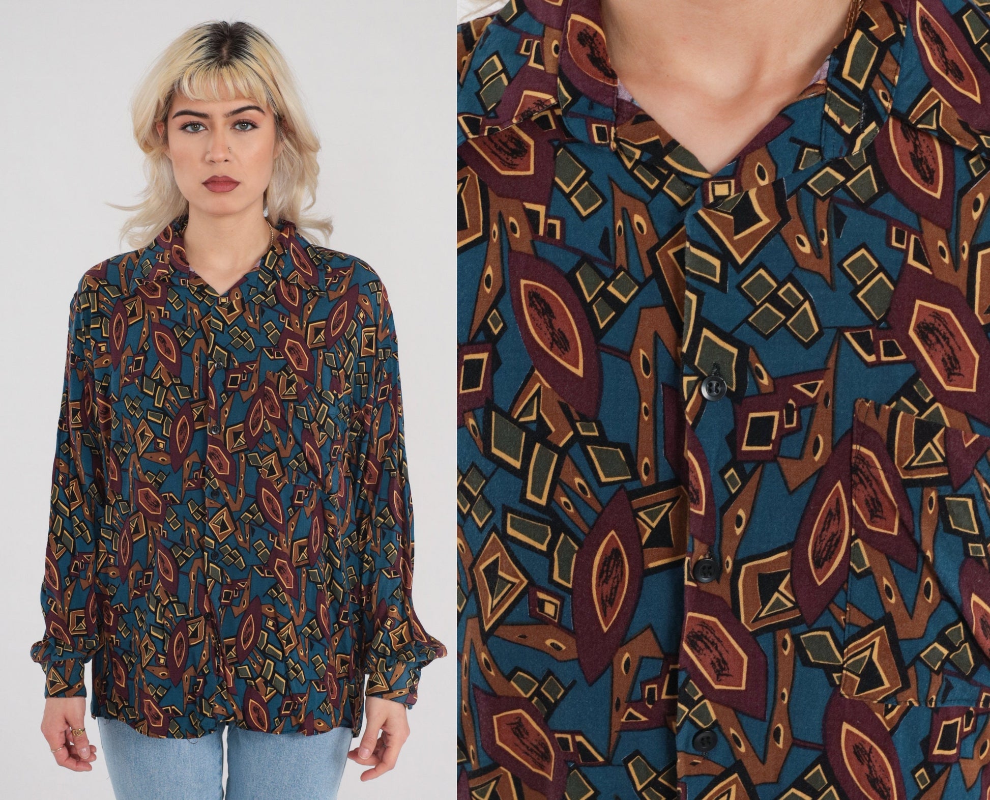 90s Abstract Geometric Button-Up Shirt Long Sleeve Multicolor Large