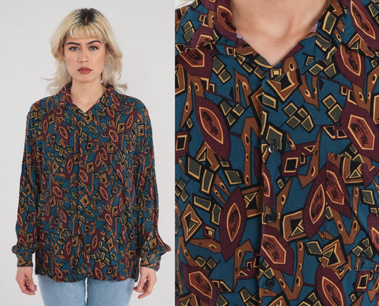 90s Abstract Geometric Button-Up Shirt Long Sleeve Multicolor Large