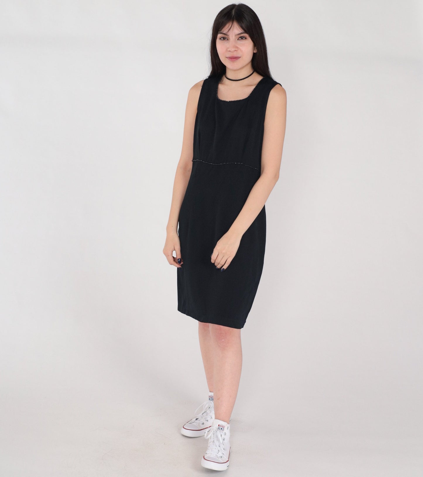 90s Black Mini Dress Beaded Sheath Sleeveless Rear Zip Medium 10