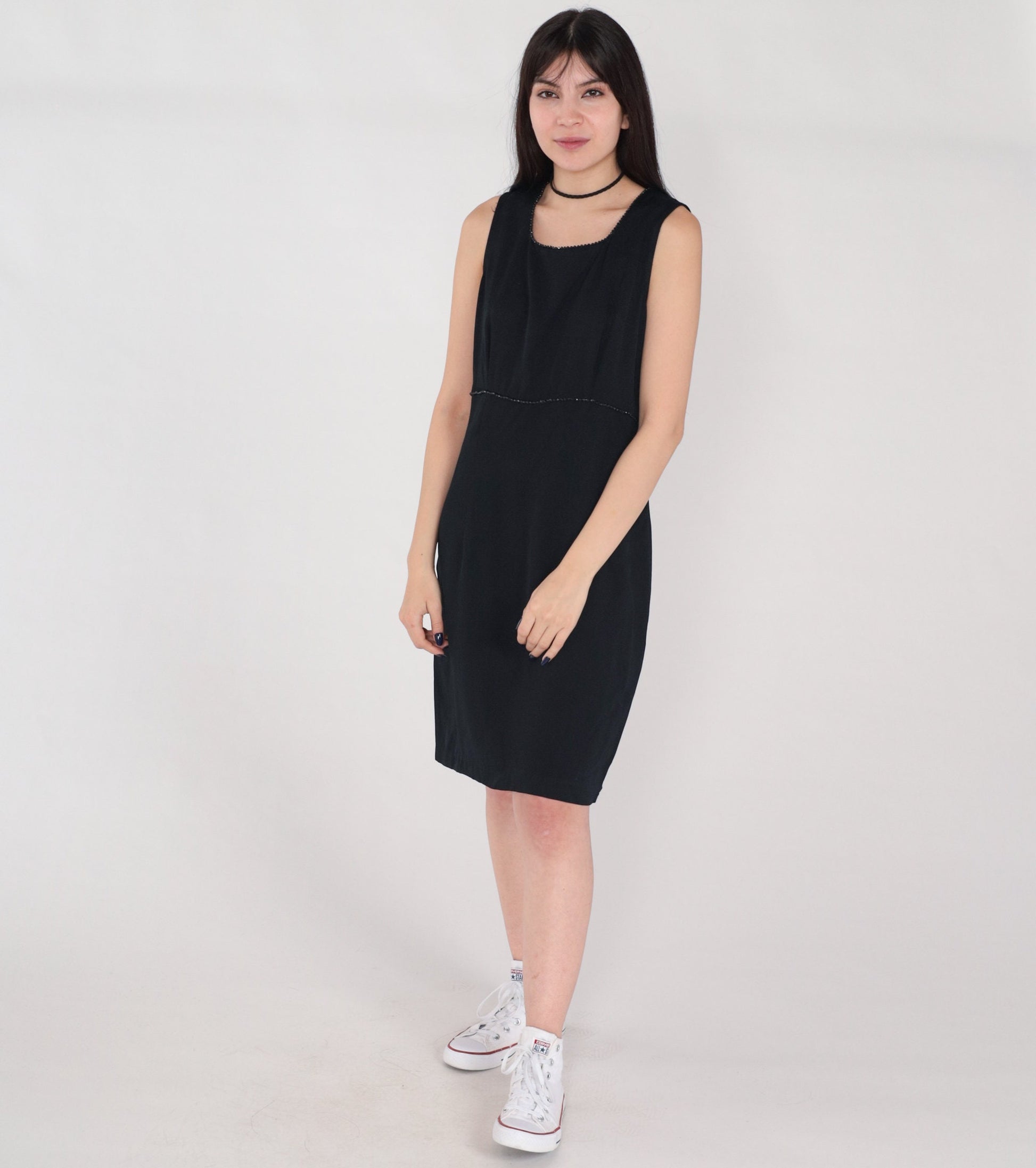 90s Black Mini Dress Beaded Sheath Sleeveless Rear Zip Medium 10
