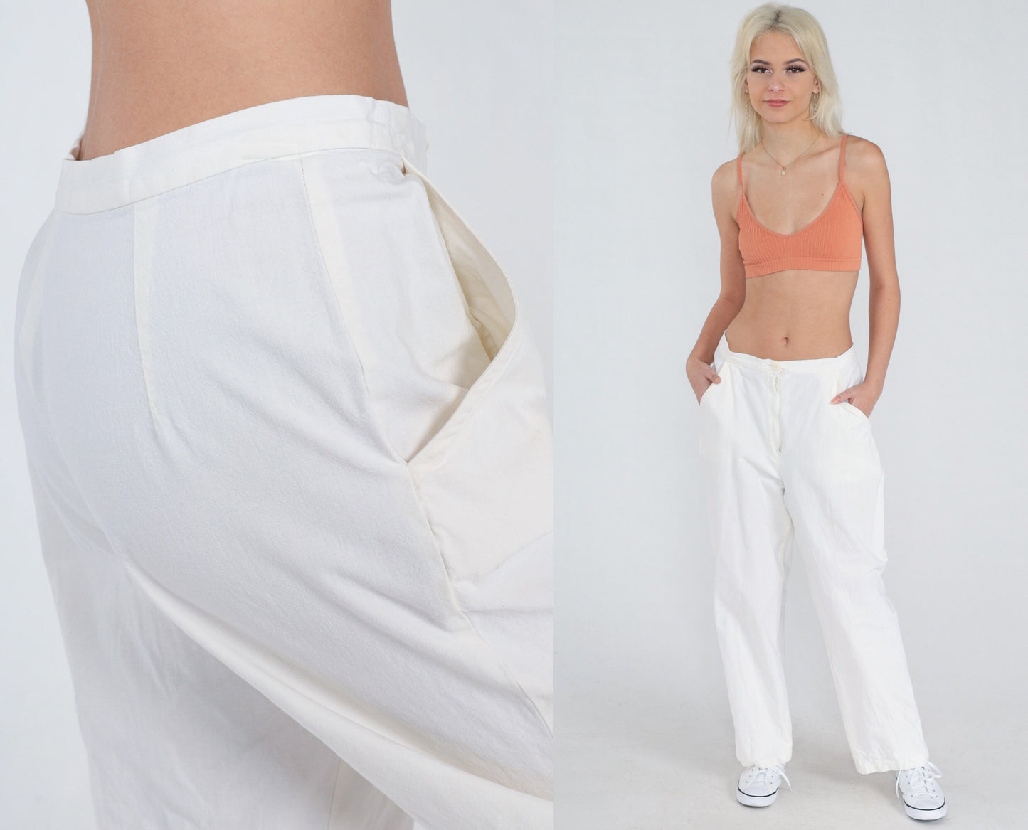 80s White Linen Straight Leg Trousers High Waist Vintage Medium M