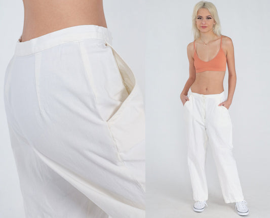 80s White Linen Straight Leg Trousers High Waist Vintage Medium M