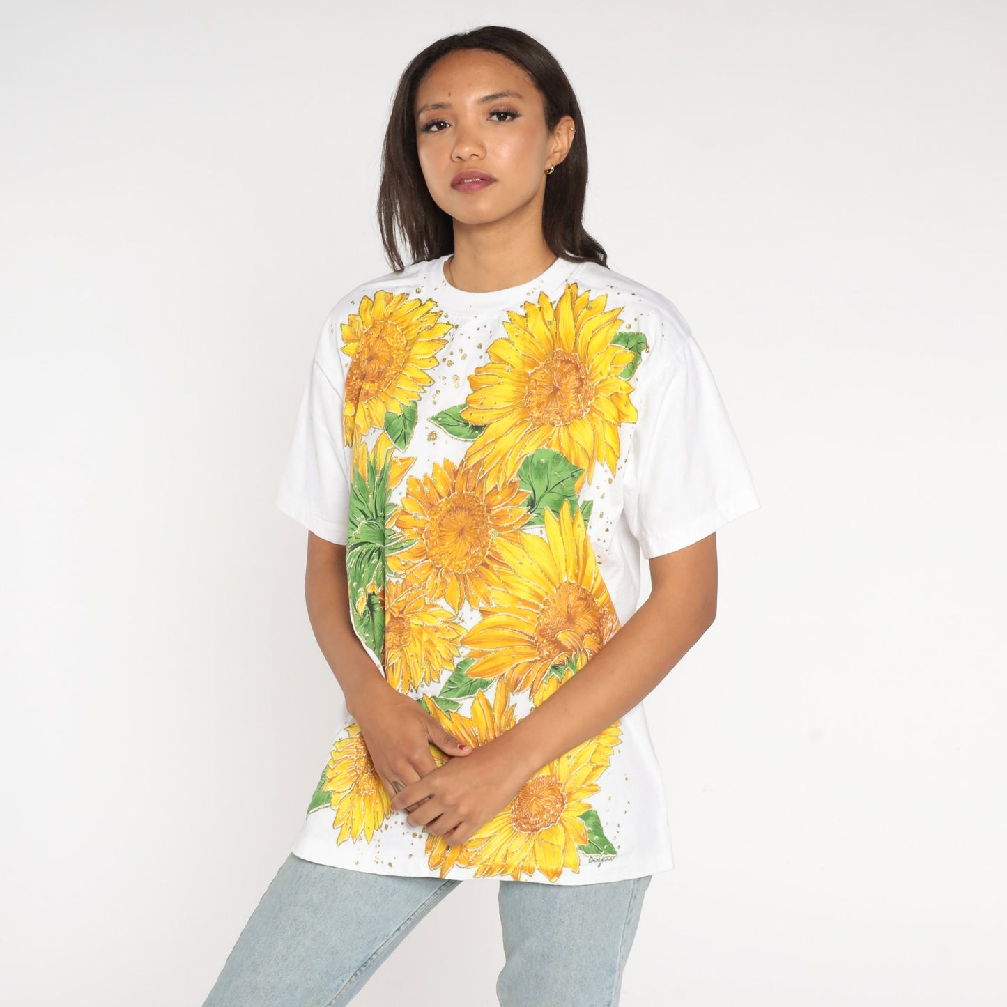 90s Sunflower Glitter Graphic T-Shirt White Cotton Tee Small