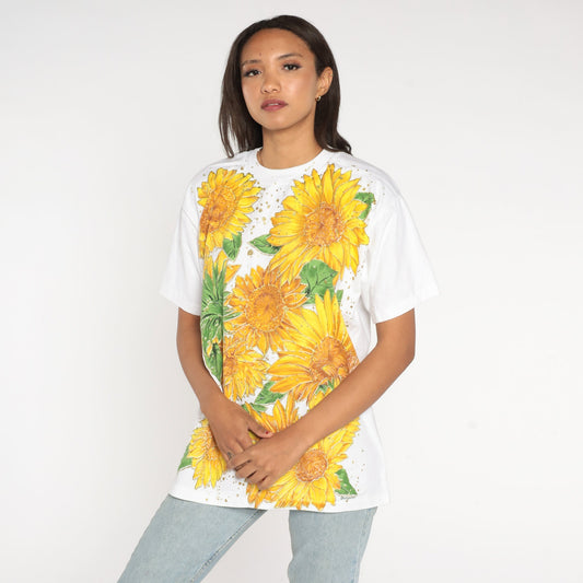90s Sunflower Glitter Graphic T-Shirt White Cotton Tee Small