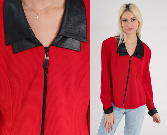 90s Red Blazer Jacket Faux Leather Collar Zip Front Medium