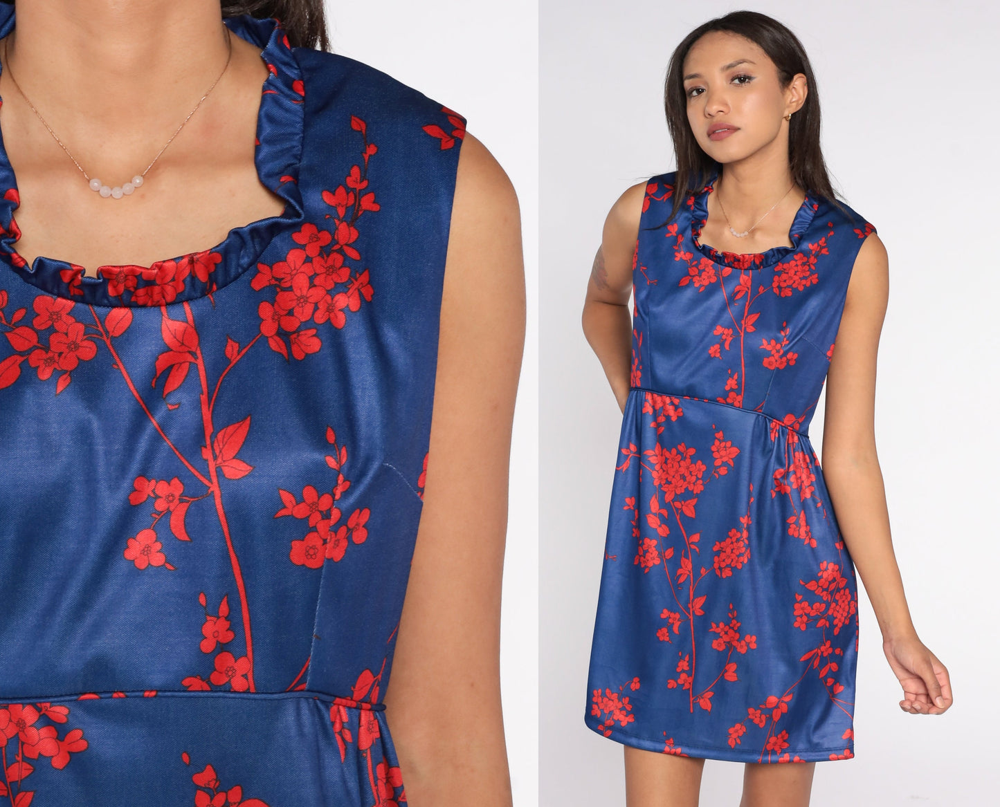 70s Emilio Borghese Babydoll Mini Dress Blue Floral Empire Waist Small