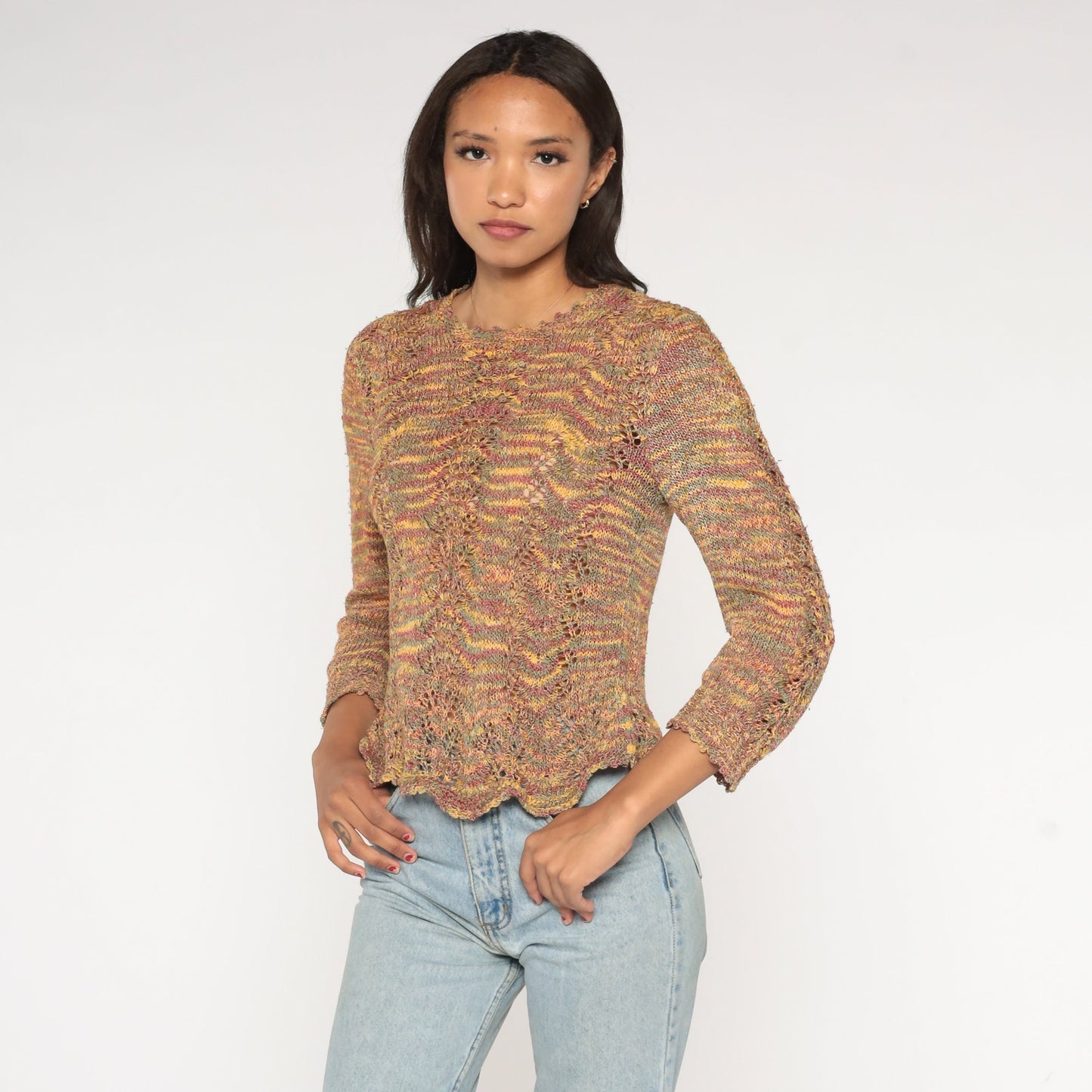 00s Space Dye Open Weave Pointelle Sweater Cut Out Knit Small