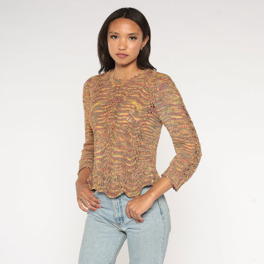 00s Space Dye Open Weave Pointelle Sweater Cut Out Knit Small
