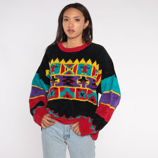 90s Geometric Chenille Sweater Red Black Star People Pullover Extra Large XXL