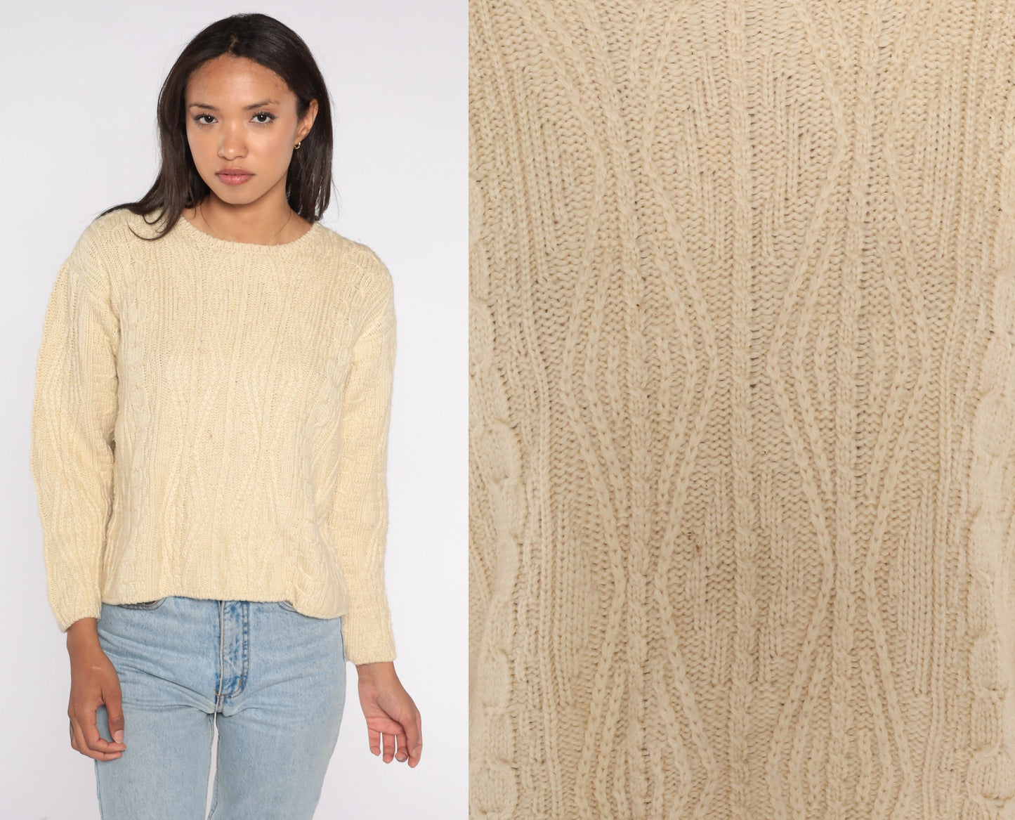 00s LL Bean Cream Wool Cable Knit Crewneck Sweater Extra Small XS