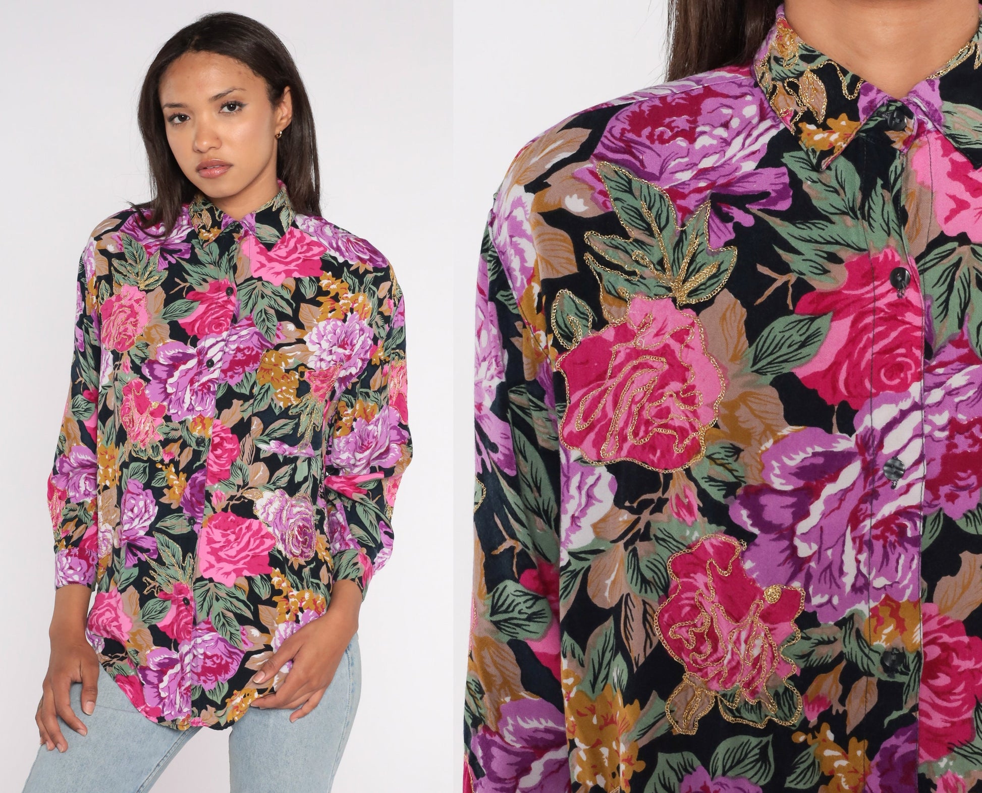 90s Floral Button Up Blouse Metallic Gold Pink Purple Rayon Small