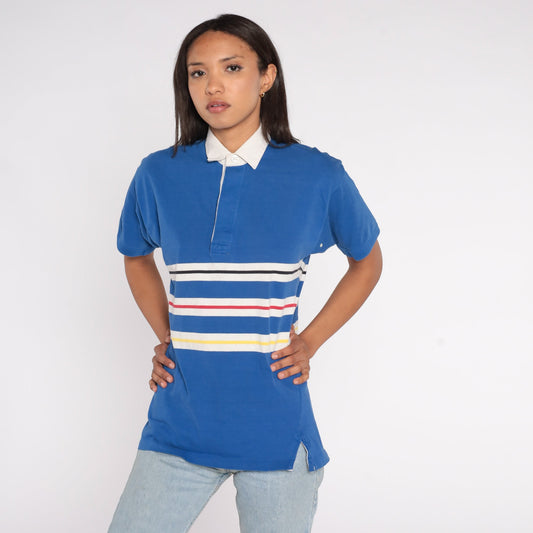 80s Blue Striped Polo Shirt Cotton Half-Button Collared Small