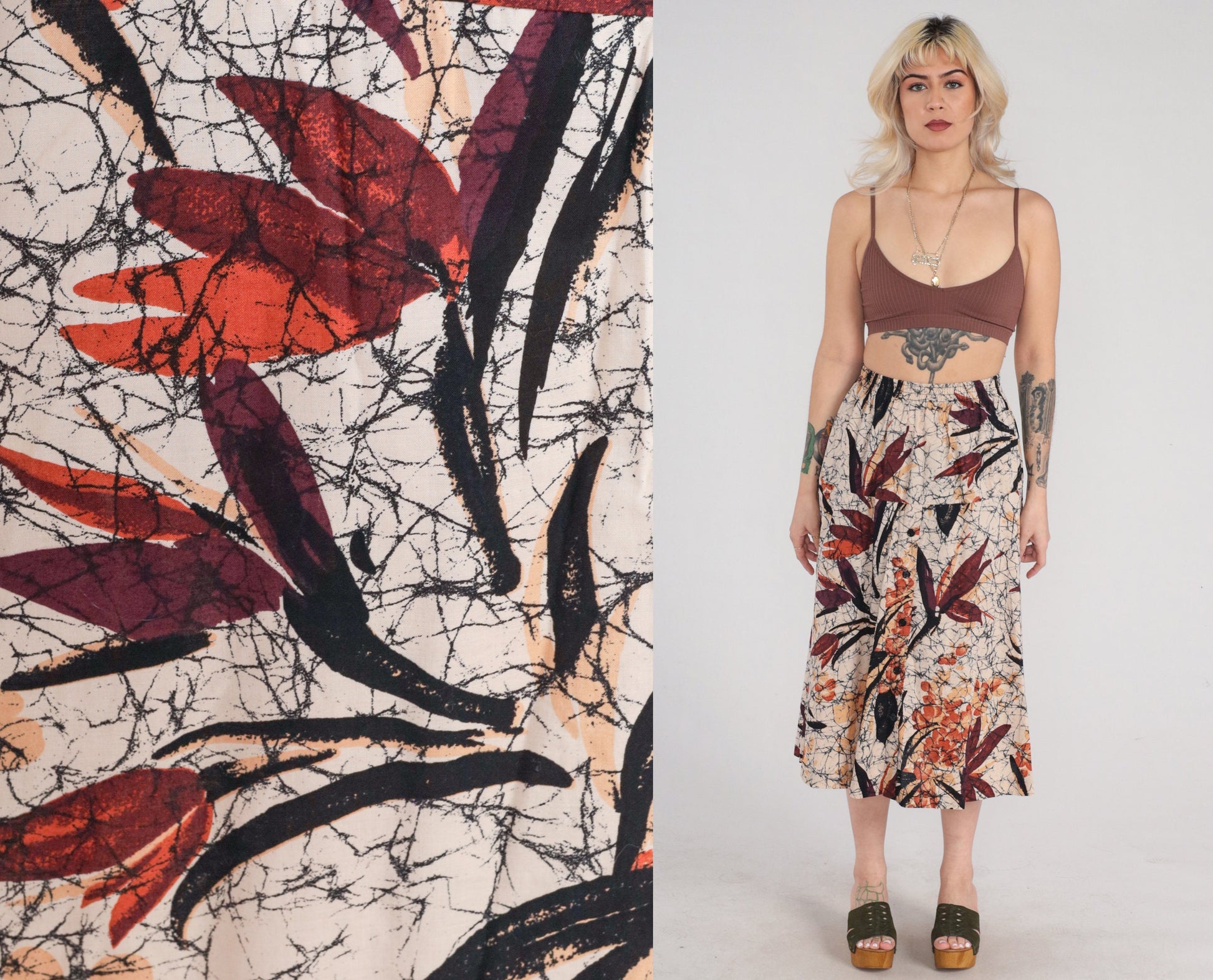 80s Tan Floral Leaf Print Midi Skirt Button Front High Waist Small Medium