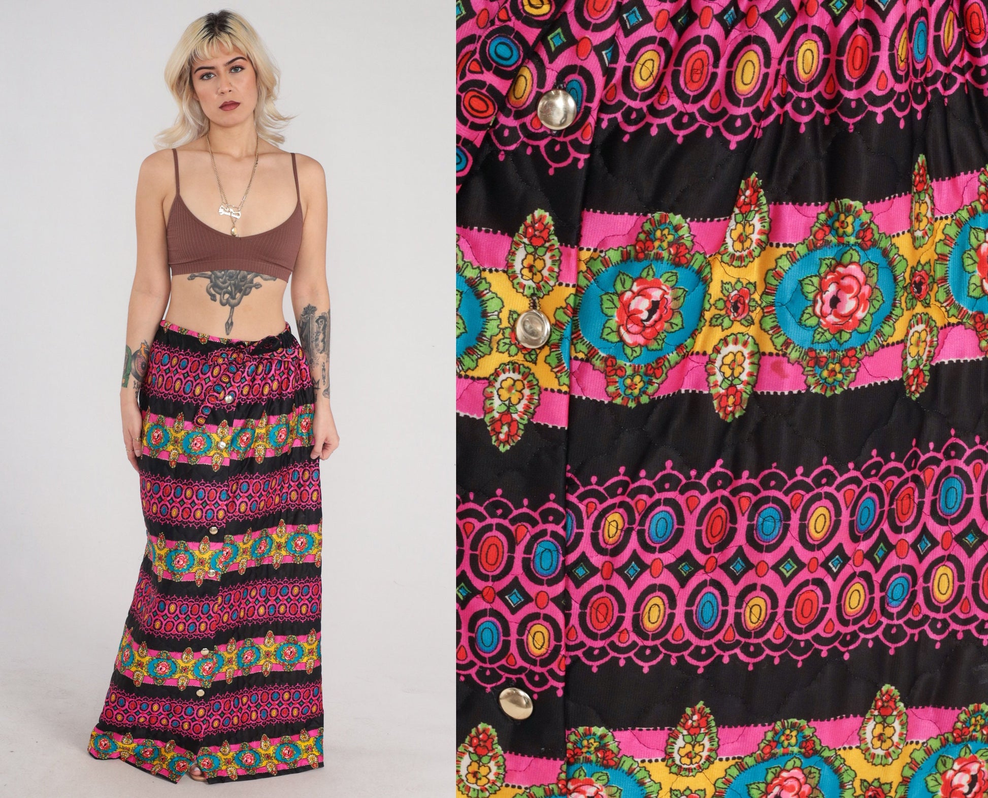 70s Quilted Maxi Skirt Floral Abstract Print High Waist Button Front Black Pink Medium Large