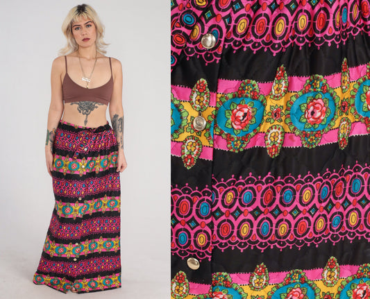 70s Quilted Maxi Skirt Floral Abstract Print High Waist Button Front Black Pink Medium Large