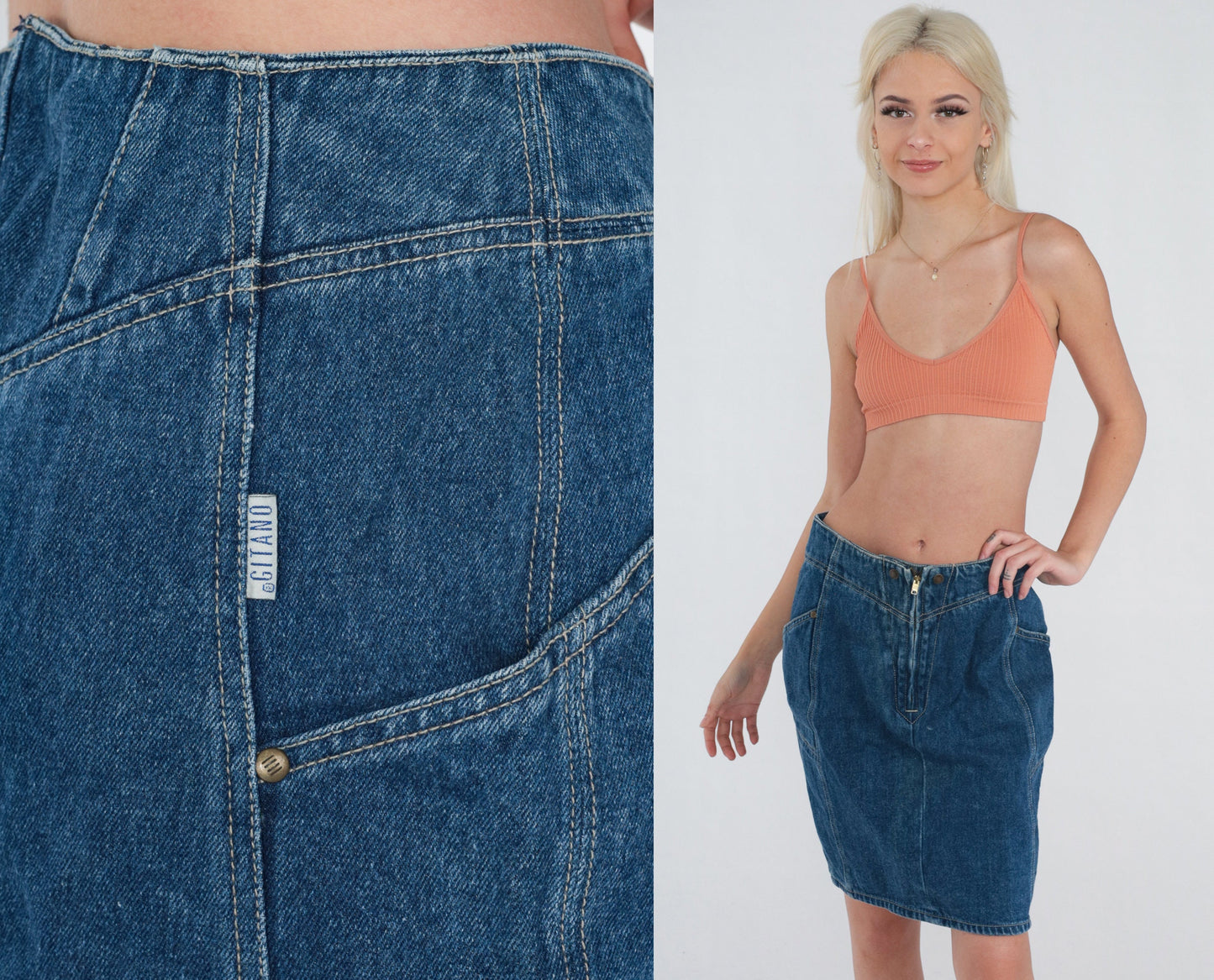 90s Gitano Dark Wash Denim Mini Skirt High Waist Pencil Cut Medium