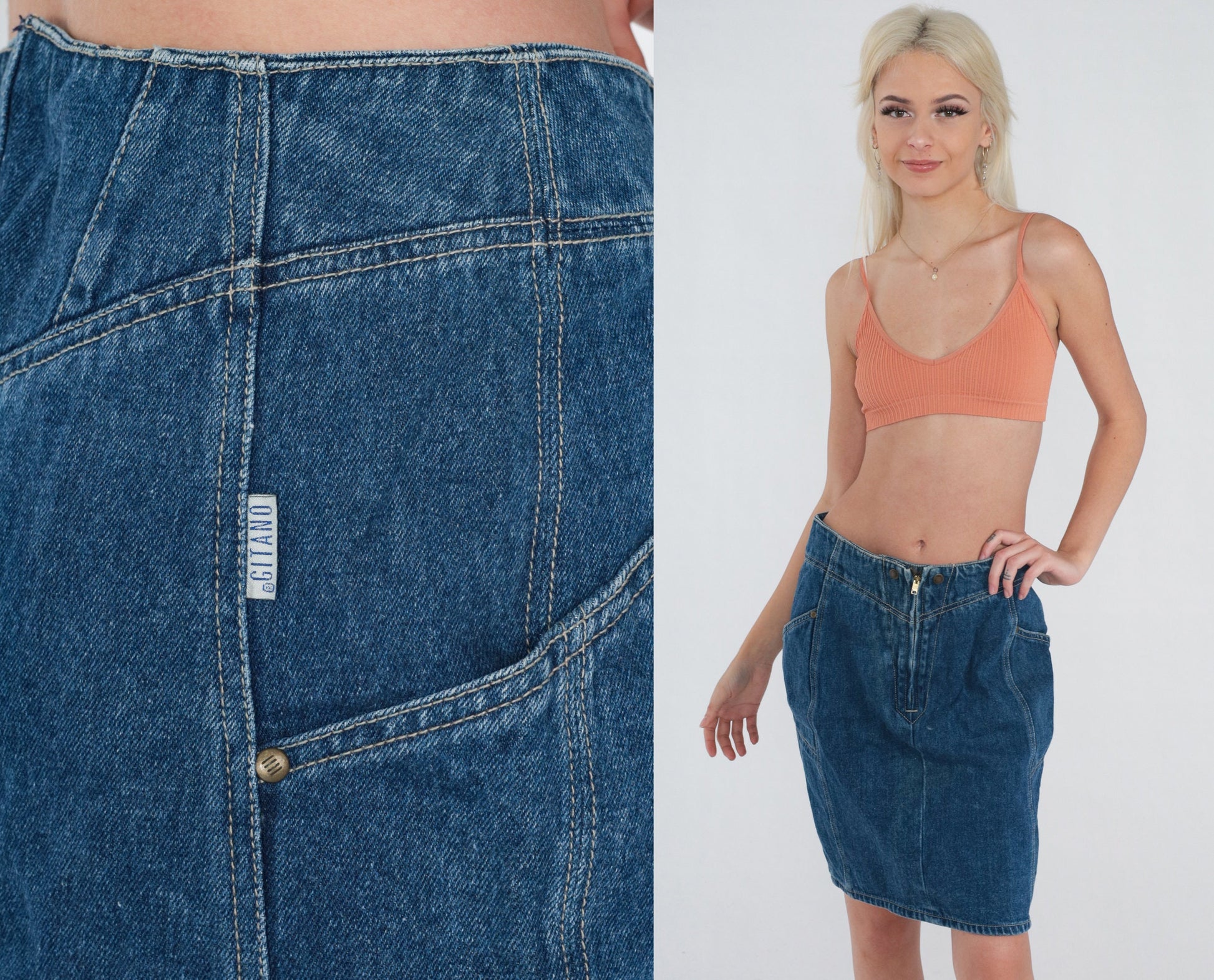 90s Gitano Dark Wash Denim Mini Skirt High Waist Pencil Cut Medium