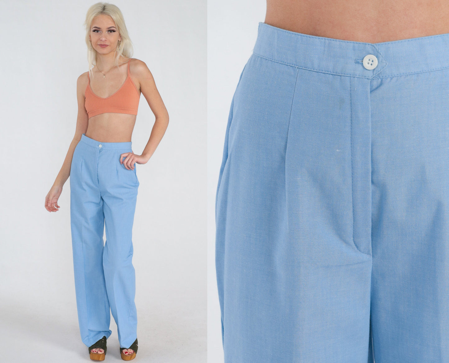 70s Blue High-Waisted Straight Leg Trousers Pleated Crease Small