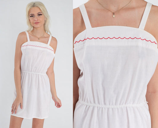 70s White Mini Dress Sleeveless High Waist Red Scalloped Embroidery Small
