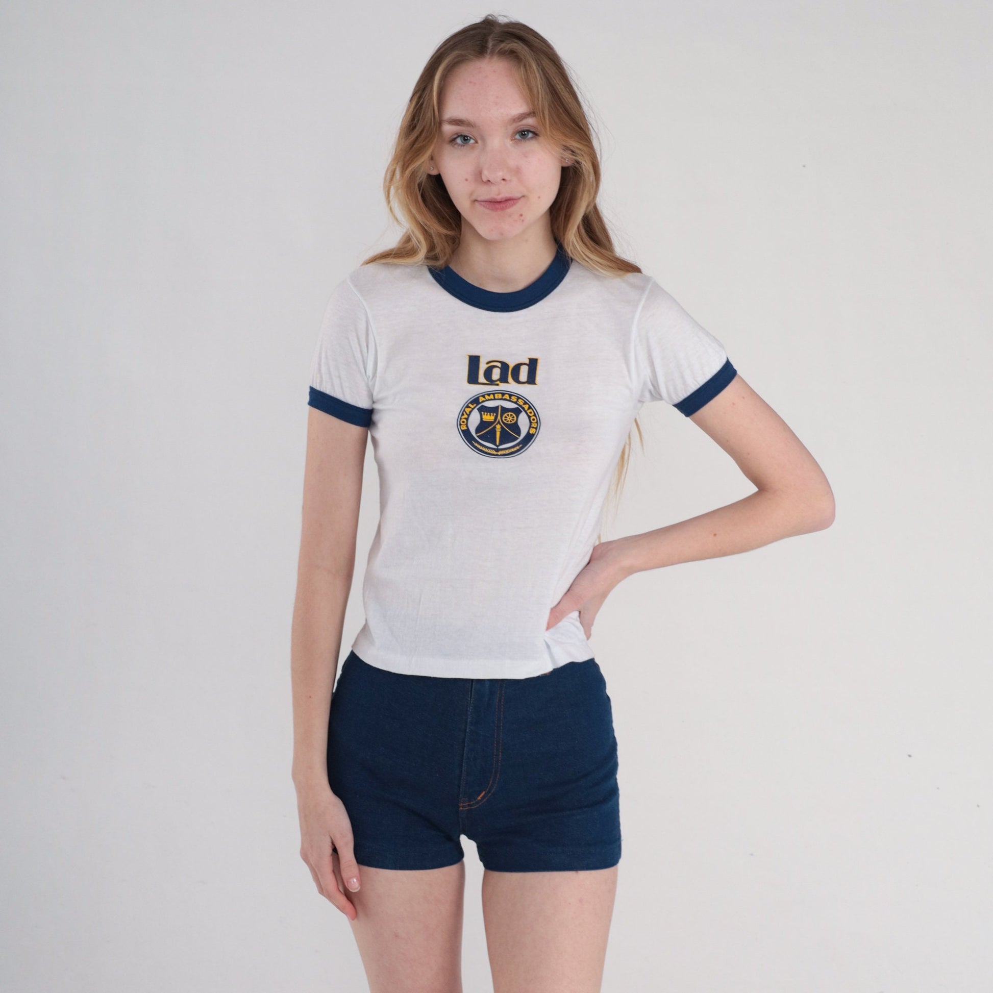 80s Royal Ambassador Lad Christian Ministry Ringer Tee White Blue XS