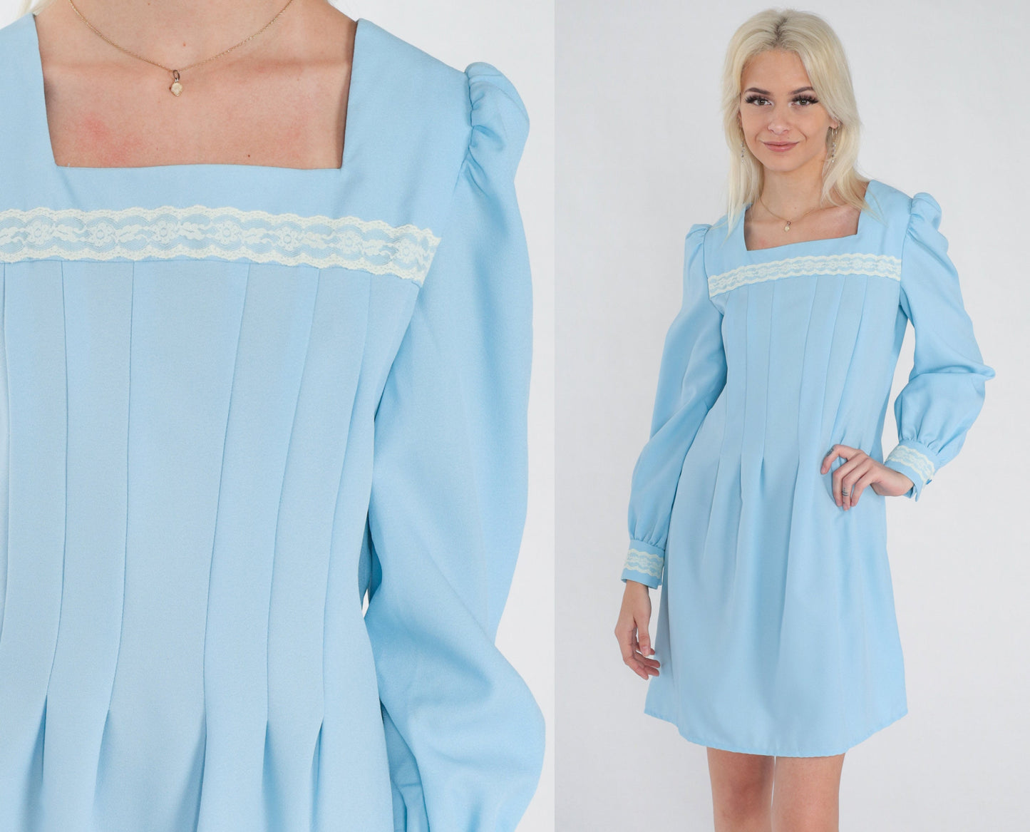70s Blue Mini Dress Puff Sleeve Pleated Lace Trim Small