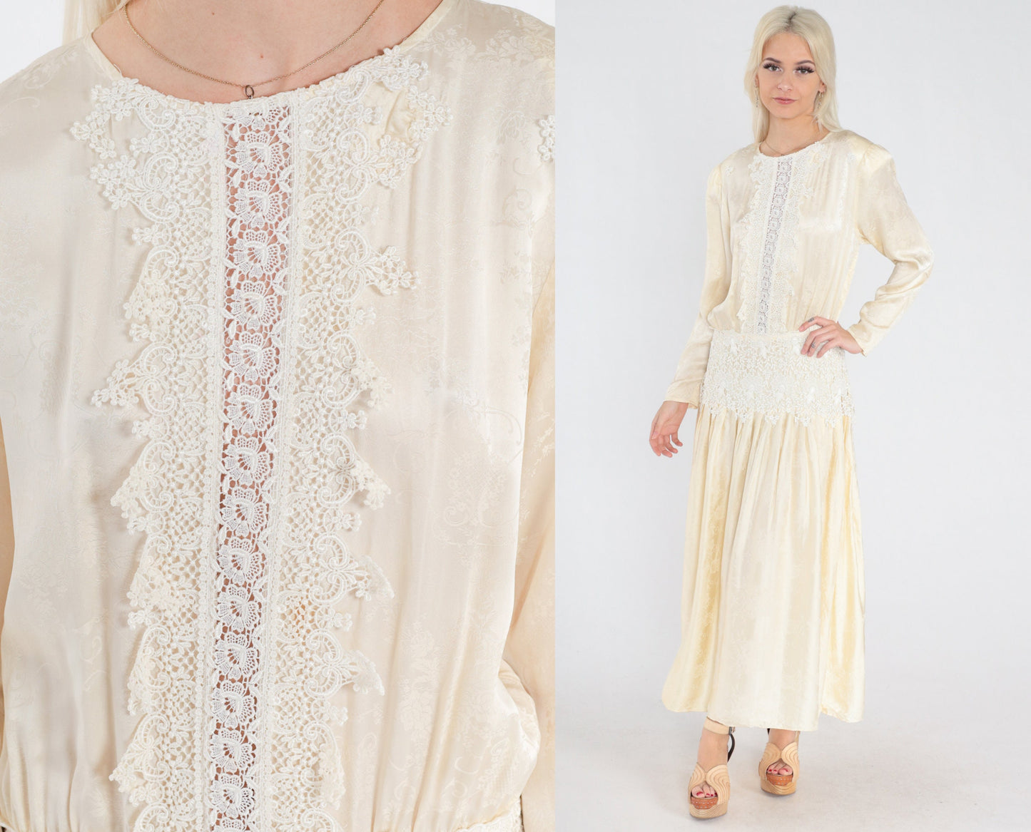 80s Jessica McClintock Cream Silk Midi Dress Embossed Floral Lace Long Sleeve Medium