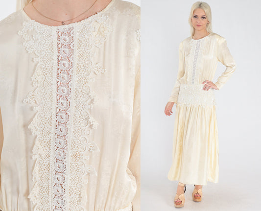80s Jessica McClintock Cream Silk Midi Dress Embossed Floral Lace Long Sleeve Medium