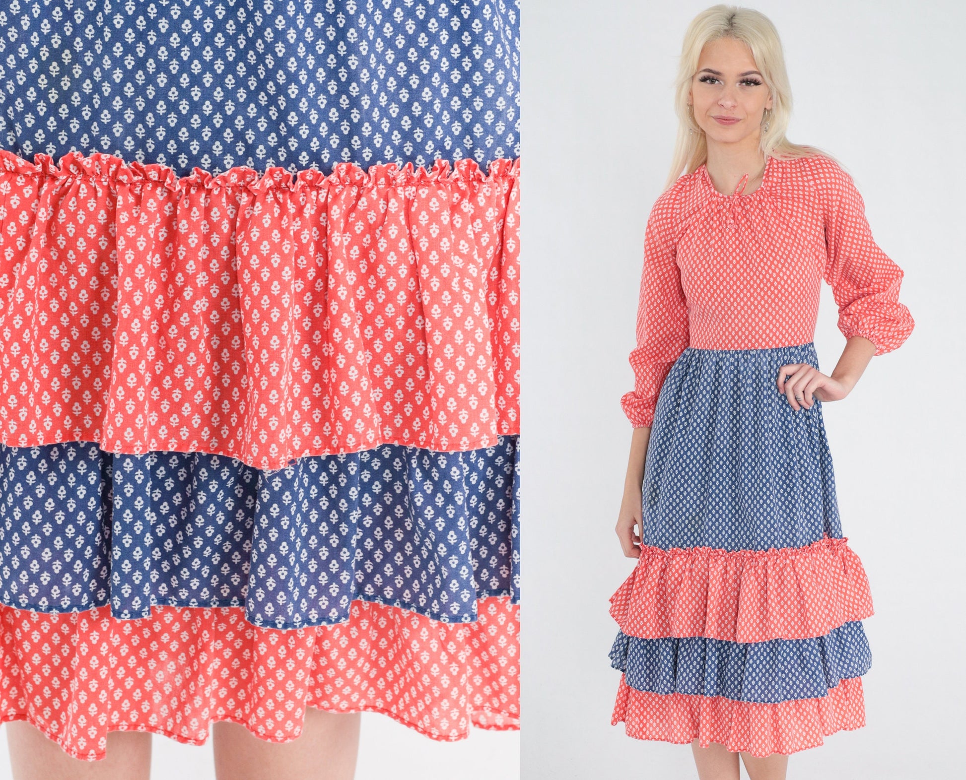 70s Calico Floral Midi Dress Red Blue Tiered 3/4 Sleeve XXS