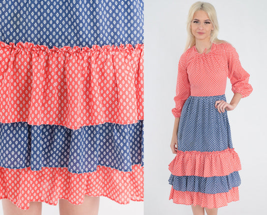 70s Calico Floral Midi Dress Red Blue Tiered 3/4 Sleeve XXS