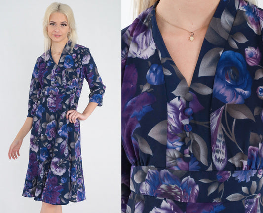 70s Purple Rose Floral Midi Dress Empire Waist V-Neck Button Front Small