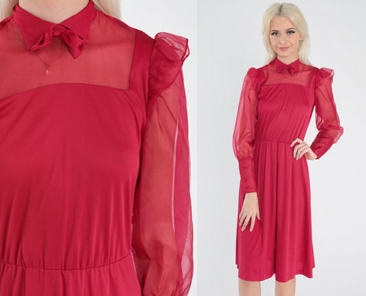 70s Raspberry Red Midi Dress Collared Bow Tie Ruffled Sheer Sleeve Extra Small