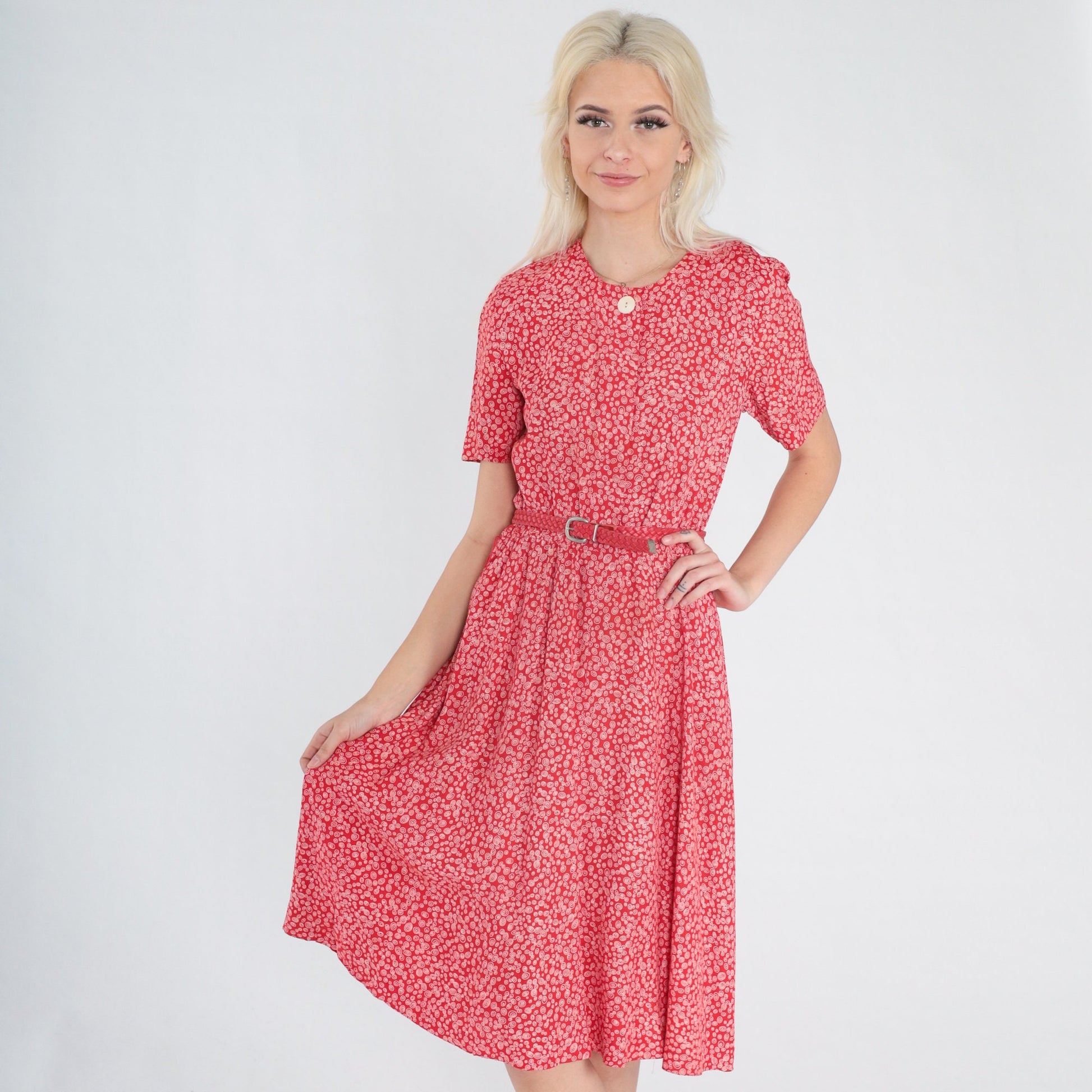 90s Talbots Red Swirl Print Midi Dress Button-Up High Waist Short Sleeve XS