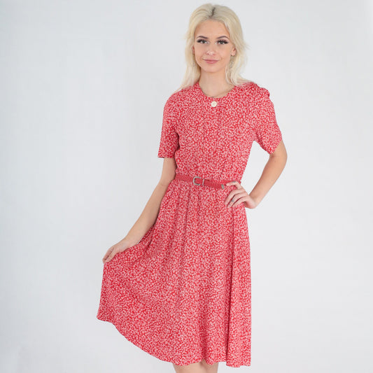 90s Talbots Red Swirl Print Midi Dress Button-Up High Waist Short Sleeve XS