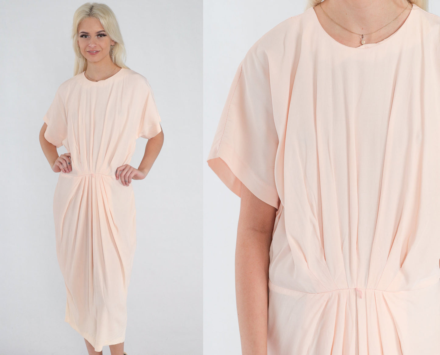 80s Pale Pink Pleated Midi Dress Short Sleeve Cocoon Acetate Medium Large