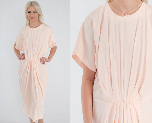 80s Pale Pink Pleated Midi Dress Short Sleeve Cocoon Acetate Medium Large