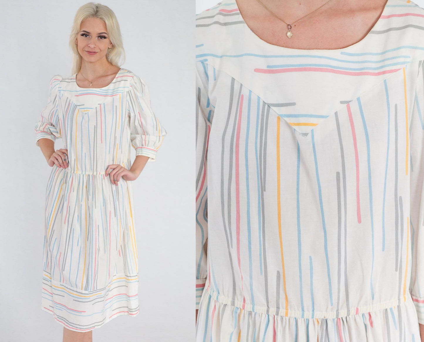 80s Striped Midi Dress Puff Sleeve White Multicolor High Waist Large L