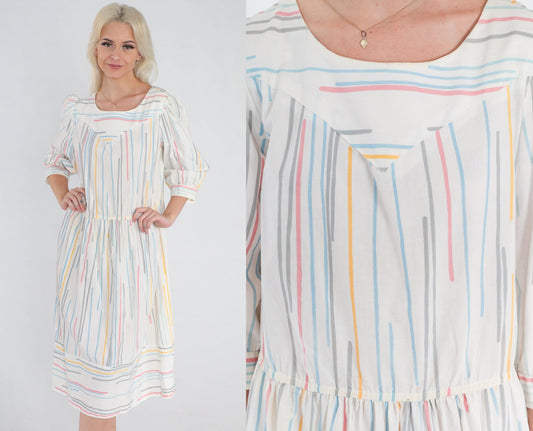 80s Striped Midi Dress Puff Sleeve White Multicolor High Waist Large L