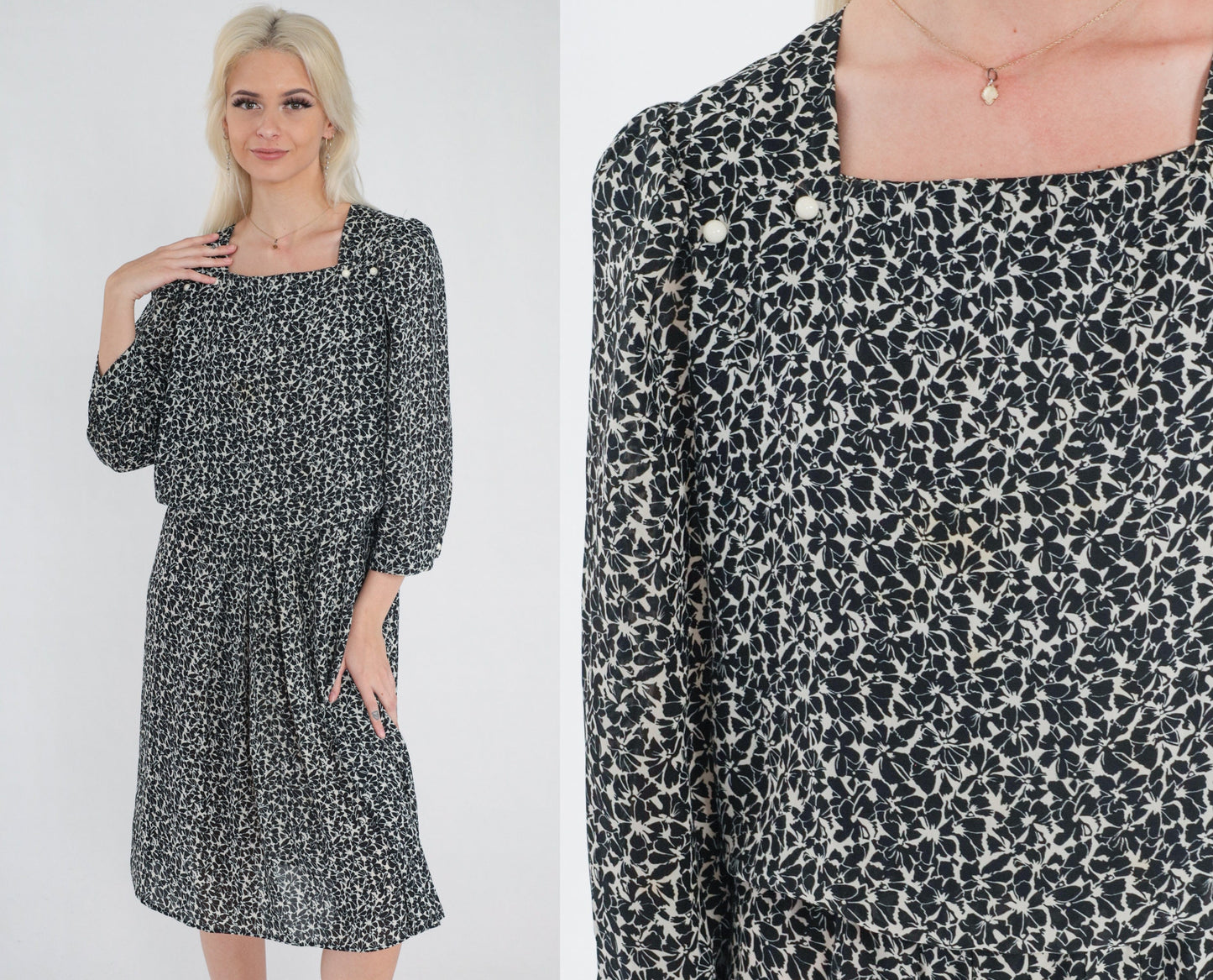 90s Black and White Floral Midi Dress Puff Sleeve Square Neckline Large