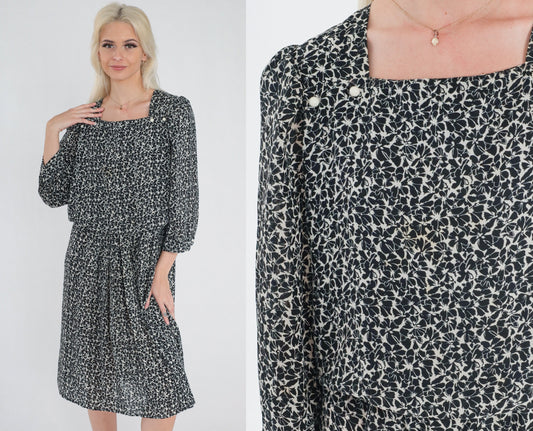 90s Black and White Floral Midi Dress Puff Sleeve Square Neckline Large