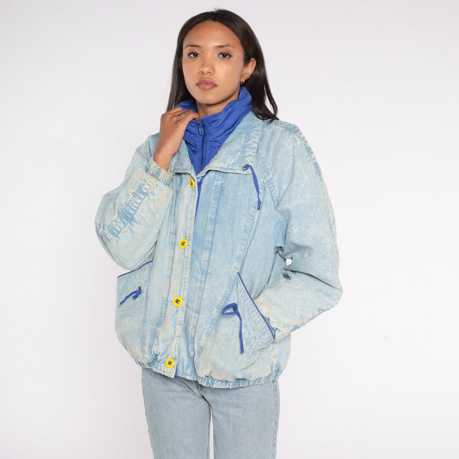 90s Acid Wash Denim Puffer Jacket Blue Funnel Neck Button Up Small S