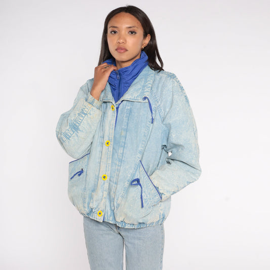 90s Acid Wash Denim Puffer Jacket Blue Funnel Neck Button Up Small S